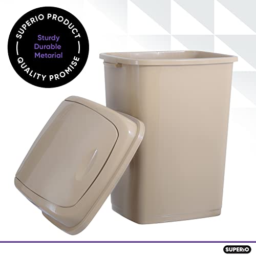 Superio Large Kitchen Trash Can 13 Gallon Beige Swing Top Trash Can with Lid, 52 Qt Garbage Waste Bin for Kitchen, Garage, Indoor, and Outdoor Trash Can