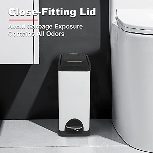 2.1 Gal/8L Small Trash Can with Lid Soft Close, Removable Inner Bin, Rectangular Step Trash Can, Slim Garbage Can for Bathroom Bedroom Office, White