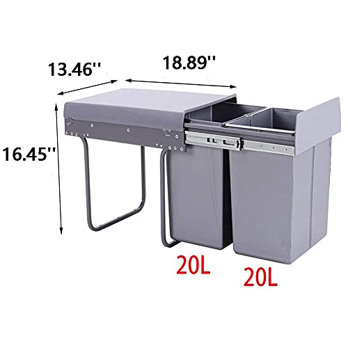 Pull Out Trash can Under Cabinet 40 Quart Double Sliding Trash Can Under Cabinet Bin with Lid and Handle Easy to disassemble Gray Garbage Recycling Trash Container Bin