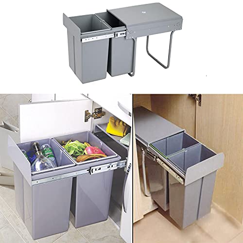 Pull Out Trash can Under Cabinet 40 Quart Double Sliding Trash Can Under Cabinet Bin with Lid and Handle Easy to disassemble Gray Garbage Recycling Trash Container Bin