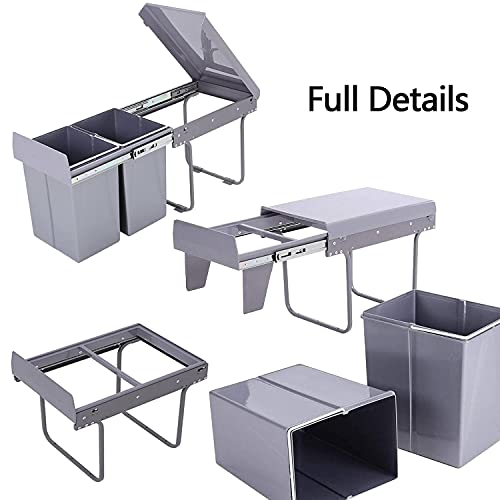 Pull Out Trash can Under Cabinet 40 Quart Double Sliding Trash Can Under Cabinet Bin with Lid and Handle Easy to disassemble Gray Garbage Recycling Trash Container Bin