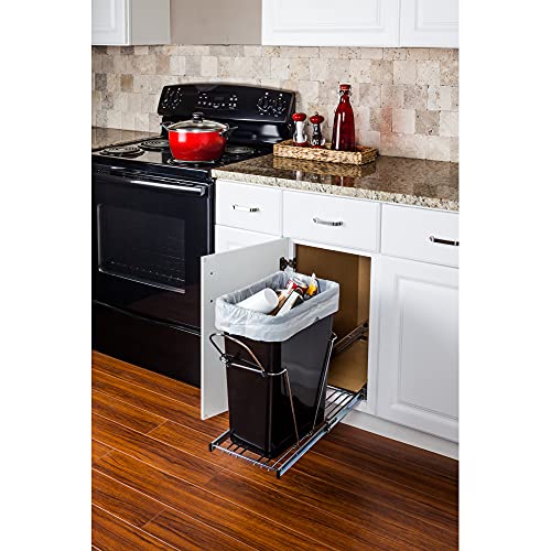Hardware Resources Single 35-Quart Trash Bin Cabinet Pullout System - 1 Black Waste, Recycling Bins - Easy-Installation Polished Chrome Ball-Bearing Garbage Slider, Door Mounting Kit - 8.75 Gallons