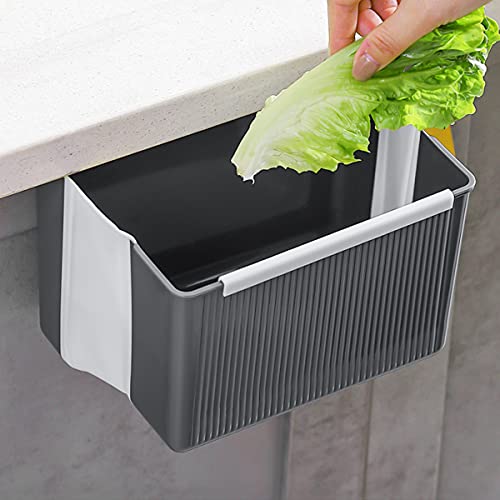 Hanging Kitchen Trash Can, Foldable Mini Garbage Can Plastic Waste Bin Compact Portable Trash Can for Cabinet Office Bedroom Bathroom Kitchen Car, Wall Mounted Collapsible Garbage Bin (A-Grey)