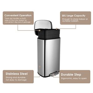 finetones Trash Can, Stainless Steel Garbage Can with Silent Lid, Durable Pedal & Inner Bucket, Pedal Garbage Bin for Kitchen Inside Outside (30L, Silver)