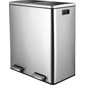 increkid dual trash can, 16 gal stainless steel rubbish bin, large garbage cans for kitchen with recycling bin, recycle dustbin w/removable inner buckets, soft-close and airtight lid, handles, 60l (silver)