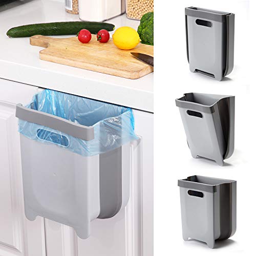 Auhafaly Hanging Collapsible Trash Can - 9L Wall Mounted Foldable Waste Bin for Kitchen Cabinet Door - Quickly Clean Counter, Sink, Bathroom - RV, Car, Camping Folding Garbage Basket (Gray)