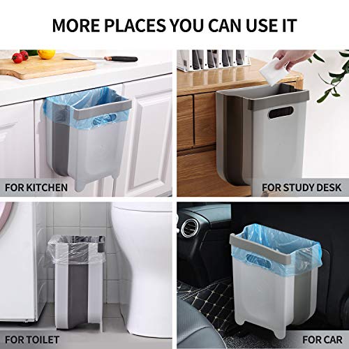 Auhafaly Hanging Collapsible Trash Can - 9L Wall Mounted Foldable Waste Bin for Kitchen Cabinet Door - Quickly Clean Counter, Sink, Bathroom - RV, Car, Camping Folding Garbage Basket (Gray)