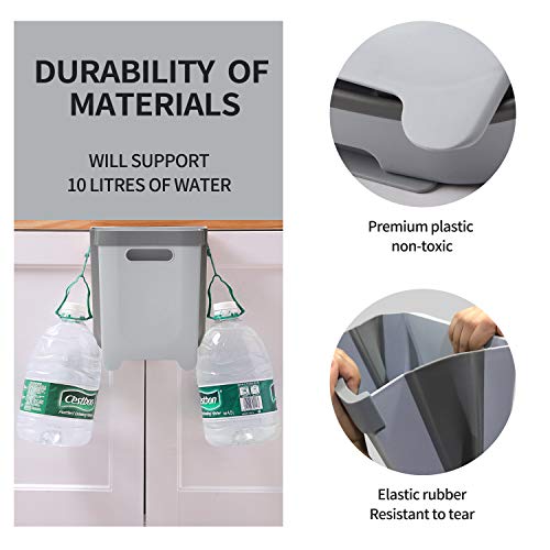 Auhafaly Hanging Collapsible Trash Can - 9L Wall Mounted Foldable Waste Bin for Kitchen Cabinet Door - Quickly Clean Counter, Sink, Bathroom - RV, Car, Camping Folding Garbage Basket (Gray)