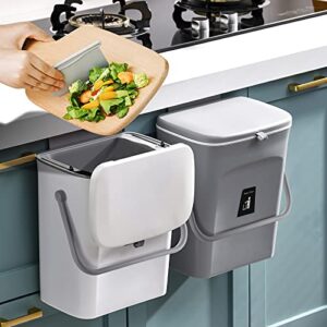 Hanging Trash Can 2 Pack&2.4 Gallon Kitchen Compost Bin for Cabinet Door,Small Under Sink Garbage Can with Lid,Grey+White