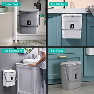 Hanging Trash Can 2 Pack&2.4 Gallon Kitchen Compost Bin for Cabinet Door,Small Under Sink Garbage Can with Lid,Grey+White