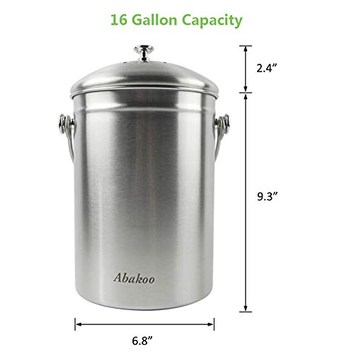 Compost Bin Countertop, Composter Bucket with Lid Abakoo 1.6 Gallon Stainless Steel Kitchen Waste Pail Plus 4pcs Bonus Charcoal Filters Clean & Odor Free