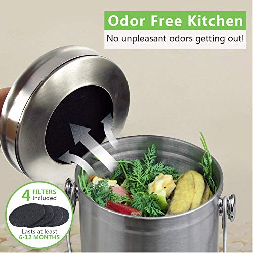 Compost Bin Countertop, Composter Bucket with Lid Abakoo 1.6 Gallon Stainless Steel Kitchen Waste Pail Plus 4pcs Bonus Charcoal Filters Clean & Odor Free