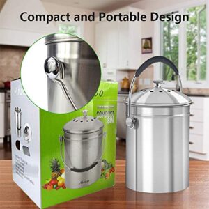 Compost Bin Countertop, Composter Bucket with Lid Abakoo 1.6 Gallon Stainless Steel Kitchen Waste Pail Plus 4pcs Bonus Charcoal Filters Clean & Odor Free