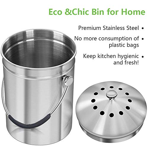 Compost Bin Countertop, Composter Bucket with Lid Abakoo 1.6 Gallon Stainless Steel Kitchen Waste Pail Plus 4pcs Bonus Charcoal Filters Clean & Odor Free