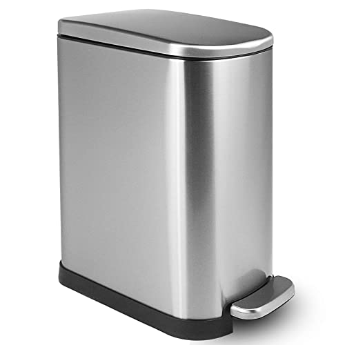 CLTEC 10L/2.6Gal Stainless Steel Trash Can with Lid Soft Close, Removable Inner Waste Basket, Rectangular Small Garbage Can for Bathroom Bedroom Office, Slim Step Trash Bin, Anti-Fingerprint Finish