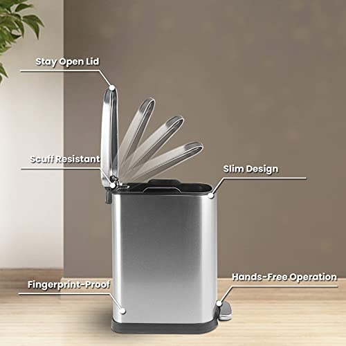 CLTEC 10L/2.6Gal Stainless Steel Trash Can with Lid Soft Close, Removable Inner Waste Basket, Rectangular Small Garbage Can for Bathroom Bedroom Office, Slim Step Trash Bin, Anti-Fingerprint Finish