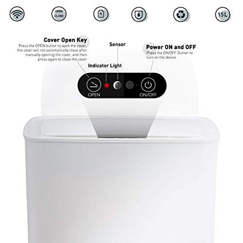 Automatic Infrared Motion Sensor Trash Can, 3.7 Gallon/14 L Non-Contact Plastic Garbage Bin for Bathroom Bedroom Office(White, Small)