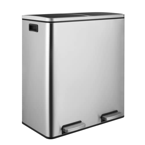 finetones Dual Step Trash Can, 16 Gallon (2×30L) Stainless Steel Garbage Can with 2 Soft-Close Lid and 2 Removable Inner Wastebasket, Bin Body with Handle for Kitchen, Home Office, Silver