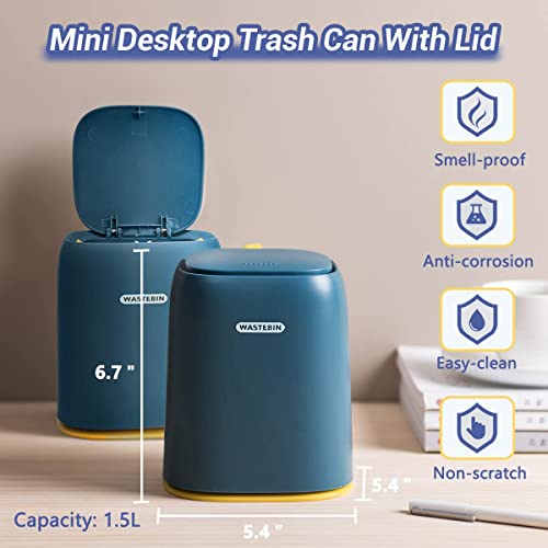 GILIF Tiny Desktop Trash Can with Lid,Mini Waste Bin with Push Button Cover with 90pcs Trash Bags,Modern Cute Small Little Plastic Countertop Garbage Bin for Car,Bathroom,Kitchen,Laundry Room (Blue)