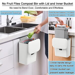 Tiyafuro Upgraded 2.4 Gallon Kitchen Compost Bin with Inner Bucket, Hanging Small Trash Can with Lid for Under Sink, Cupboard, Bathroom, Bedroom, Office, Camping, Mountable Indoor Compost Bucket White