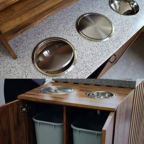 Pearlead Round Recessed Counter Top Cover Trash Bin Built-in Flap Garbage Can Kitchen Bench Stainless Steel(Silver)