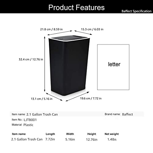 Baffect Kitchen Trash Can with Lid Garbage Can Plastic Waste Bin Dustbin Bucket for Bathroom Bedroom Living Room Office -2.1 Gallon(Rectangular, Black)