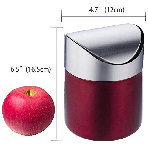 JILLICK Mini Trash Can with Lid, Brushed Stainless Steel Small Tiny Mini Trash Bin Can, Mini Countertop Trash Cans for Desk Car Office Kitchen, Swing Top Trash Bin 1.5 L/0.40 Gal (Red)