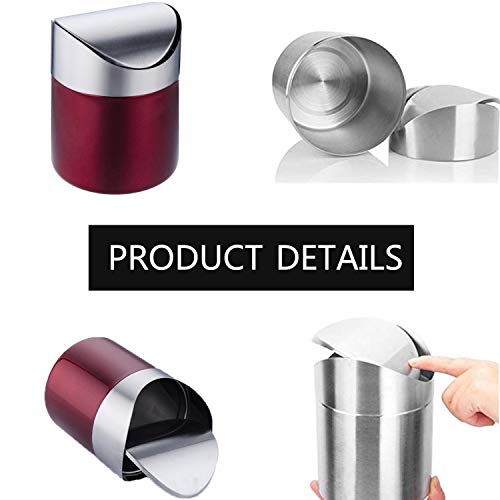 JILLICK Mini Trash Can with Lid, Brushed Stainless Steel Small Tiny Mini Trash Bin Can, Mini Countertop Trash Cans for Desk Car Office Kitchen, Swing Top Trash Bin 1.5 L/0.40 Gal (Red)