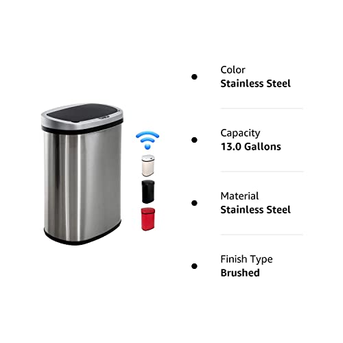 Kitchen Trash Waste Bin Brushed Stainless Stell Garbage Can 13 Gallon Automatic Trash Can Touch Free High Capacity 50 Liter with Lid , for Bathroom Bedroom Home Office