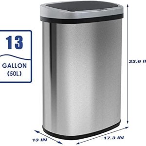 Kitchen Trash Waste Bin Brushed Stainless Stell Garbage Can 13 Gallon Automatic Trash Can Touch Free High Capacity 50 Liter with Lid , for Bathroom Bedroom Home Office