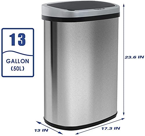 Kitchen Trash Waste Bin Brushed Stainless Stell Garbage Can 13 Gallon Automatic Trash Can Touch Free High Capacity 50 Liter with Lid , for Bathroom Bedroom Home Office