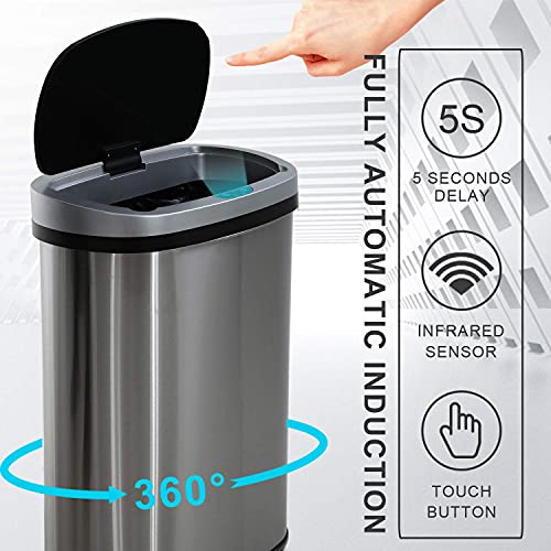 HCY Kitchen Trash Can 13 Gallon Automatic Metal Garbage Can Stainless Steel Waste Bin with Lid Smart for Kitchen,Office,Living Room,Bathroom(Silver)