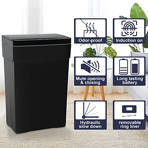 Bigacc 13 Gallon Touch Free Automatic Trash Can High Capacity with Lid for Kitchen Living Room Office Bathroom 50L Electronic Touchless Motion Sensor Automatic Trash Can-Black
