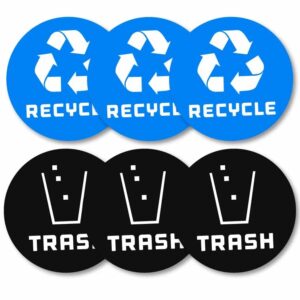 6 pack (6in x 6in) recycle logo and trash can sticker to organize your trash – 7 mil – laminated – for trash cans, garbage containers and recycle bins – premium vinyl decal