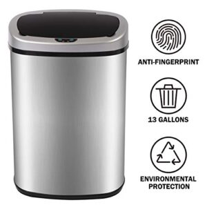 Trash Can 13 Gallon Automatic Kitchen Garbage Can Touch Free Stainless Steel Kitchen Trash Can with Lid, 50L High Capacity Electronic Touchless Sensor Trash Bin Garbage Bin Waste Bin, Silver