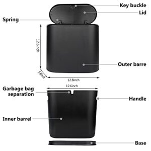 Trash Can, 10 Liter / 2.4 Gallon Plastic Slim Garbage Container Bin with Press Top Lid, Waste Basket for Kitchen, Bathroom, Living Room, Office, Narrow Place（Black）