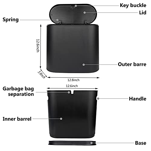 Trash Can, 10 Liter / 2.4 Gallon Plastic Slim Garbage Container Bin with Press Top Lid, Waste Basket for Kitchen, Bathroom, Living Room, Office, Narrow Place（Black）