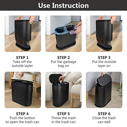 Trash Can, 10 Liter / 2.4 Gallon Plastic Slim Garbage Container Bin with Press Top Lid, Waste Basket for Kitchen, Bathroom, Living Room, Office, Narrow Place（Black）