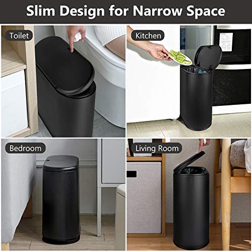 Trash Can, 10 Liter / 2.4 Gallon Plastic Slim Garbage Container Bin with Press Top Lid, Waste Basket for Kitchen, Bathroom, Living Room, Office, Narrow Place（Black）