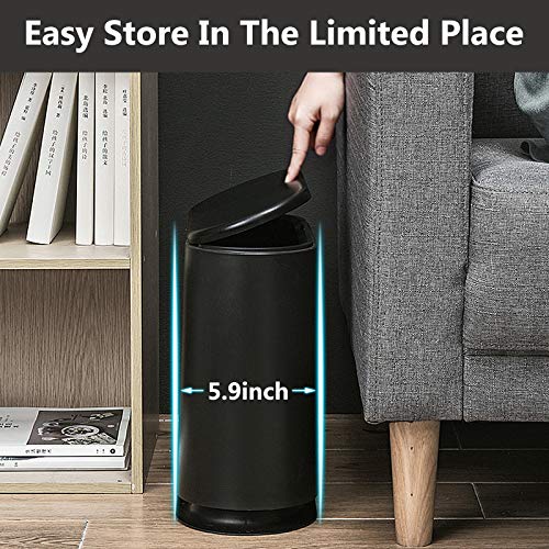 Trash Can, 10 Liter / 2.4 Gallon Plastic Slim Garbage Container Bin with Press Top Lid, Waste Basket for Kitchen, Bathroom, Living Room, Office, Narrow Place（Black）