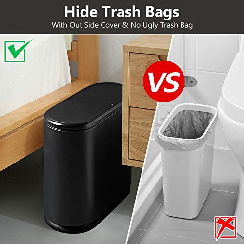 Trash Can, 10 Liter / 2.4 Gallon Plastic Slim Garbage Container Bin with Press Top Lid, Waste Basket for Kitchen, Bathroom, Living Room, Office, Narrow Place（Black）