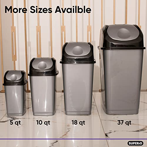 Superio Trash Can with Swing Top Lid 9 Gallon, Grey and Black Slim Waste Bin Durable Plastic 37 Qt Fit Small Spaces, Office, Bathroom, Under