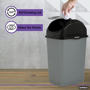 Superio Trash Can with Swing Top Lid 9 Gallon, Grey and Black Slim Waste Bin Durable Plastic 37 Qt Fit Small Spaces, Office, Bathroom, Under