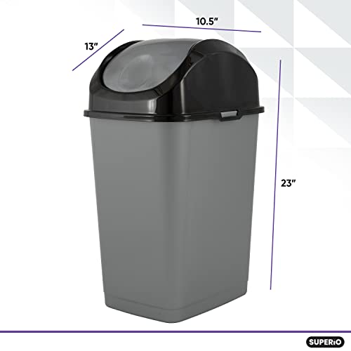 Superio Trash Can with Swing Top Lid 9 Gallon, Grey and Black Slim Waste Bin Durable Plastic 37 Qt Fit Small Spaces, Office, Bathroom, Under