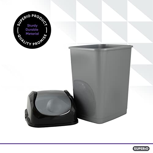 Superio Trash Can with Swing Top Lid 9 Gallon, Grey and Black Slim Waste Bin Durable Plastic 37 Qt Fit Small Spaces, Office, Bathroom, Under