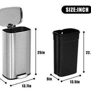 Kitchen Trash Can Brushed Stainless Steel 8 Gallon/30L Step Garbage Can Small & Tall Waste Basket with Lid & Plastic Inner Bucket Metal Pedal Recycle Rubbish Bin for Kitchen, Bathroom, Bedroom, Office