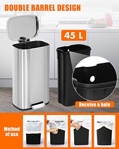 Kitchen Trash Can Brushed Stainless Steel 8 Gallon/30L Step Garbage Can Small & Tall Waste Basket with Lid & Plastic Inner Bucket Metal Pedal Recycle Rubbish Bin for Kitchen, Bathroom, Bedroom, Office