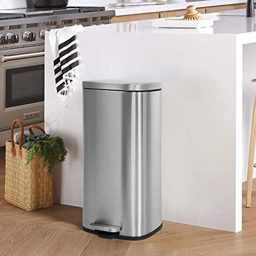 Kitchen Trash Can Brushed Stainless Steel 8 Gallon/30L Step Garbage Can Small & Tall Waste Basket with Lid & Plastic Inner Bucket Metal Pedal Recycle Rubbish Bin for Kitchen, Bathroom, Bedroom, Office