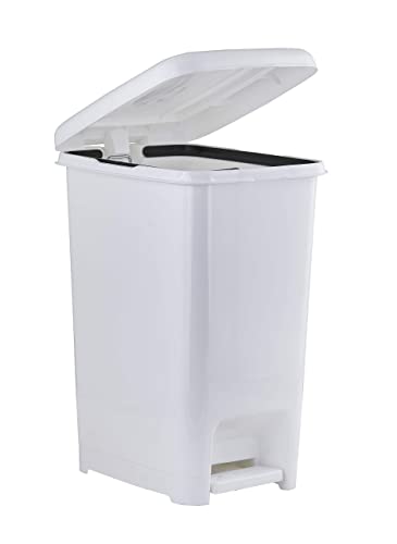 Superio 10.5 Gal Slim Step On Pedal Plastic Trash Can, Waste Bin for Under Desk, Office, Bedroom, Bathroom- 42 Qt White