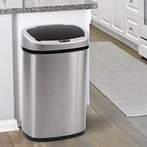 13 gallon stainless steel kitchen trash can with lid, automatic motion sensor garbage trash bin w/toch-free & anti-fingerprint mute, for home office bedroom, powered by 4c batteries (not included)